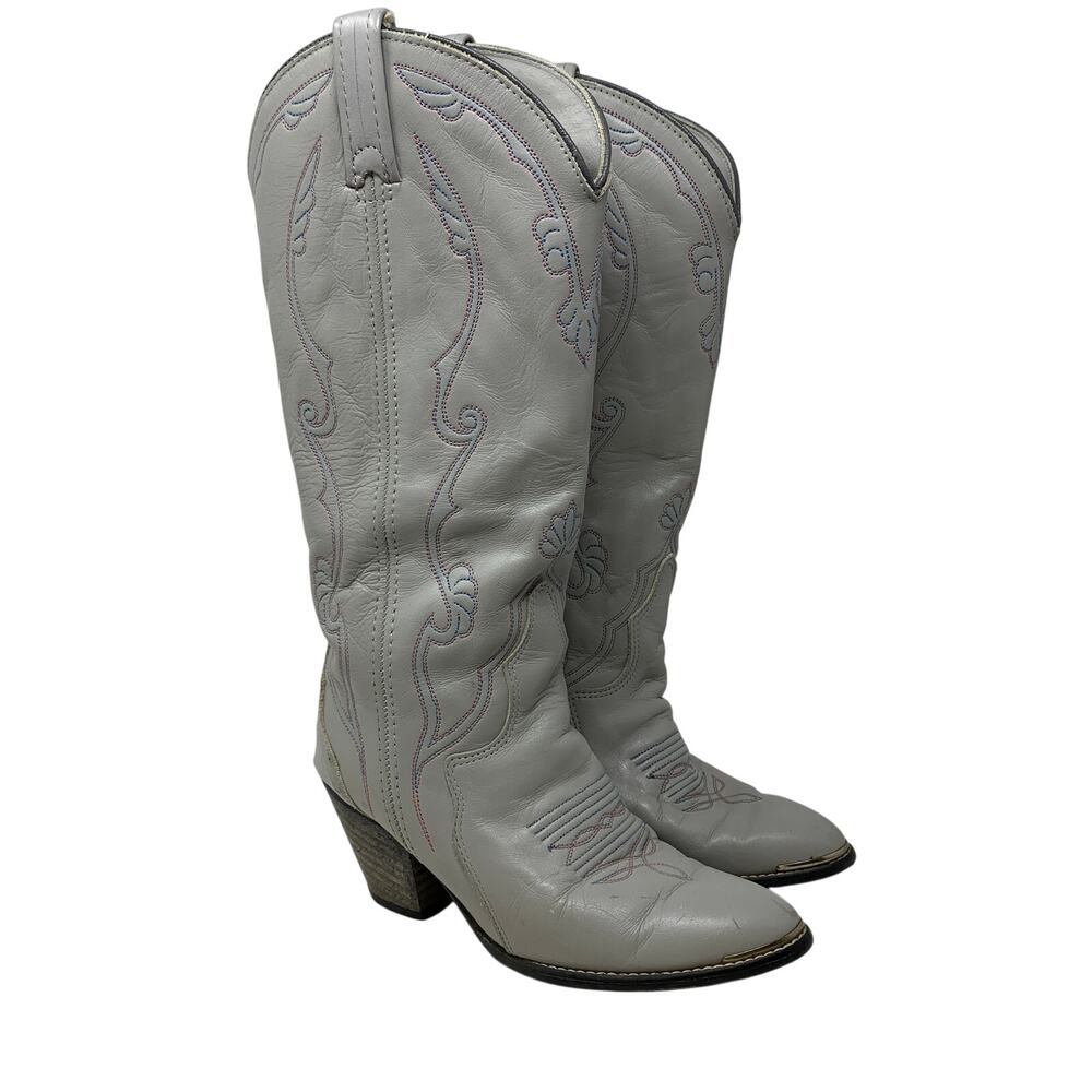 Vintage Acme Gray Leather Cowboy Boots Womens 5M USA Pink Blue Western Boots